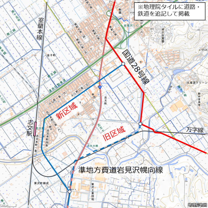 昭和3年5月26日時点の岩見沢町字志文付近主要道路・鉄道路線網図